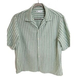 Zara Shirt Mens XL Green White Striped Camp Collar Short Sleeve Button Up Casual